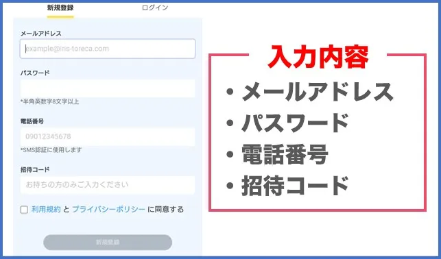 アイリストレカ登録情報入力画面