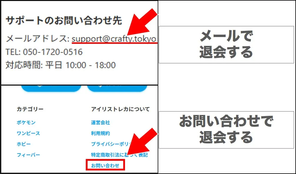 退会方法は「メール」と「お問い合わせ」の2種類