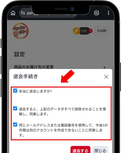 ペンギンオリパ 3つの確認項目にチェックをする