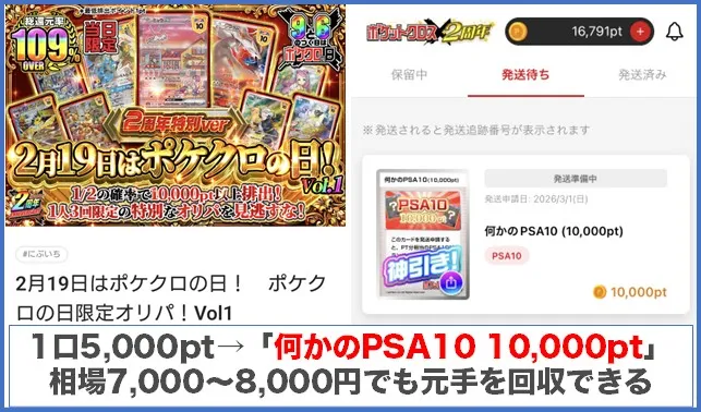 ポケクロの日限定オリパで何かのPSA10 10,000ptを発送