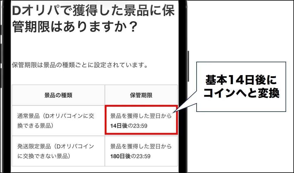 Dオリパ 14日後にコインへ変換