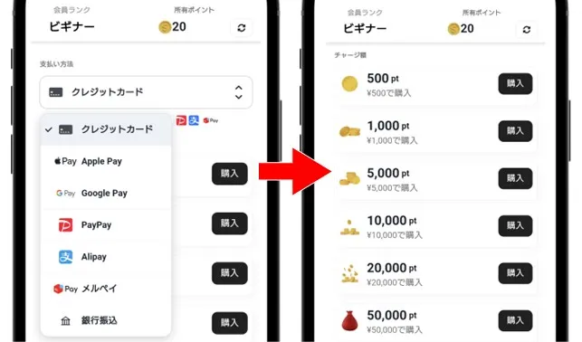 クローブオリパ 支払い方法とチャージするポイント数を選ぶ